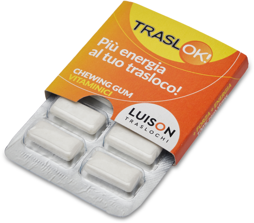 Confezione TraslOK: chewing gum vitaminici Luison — più energia al tuo trasloco